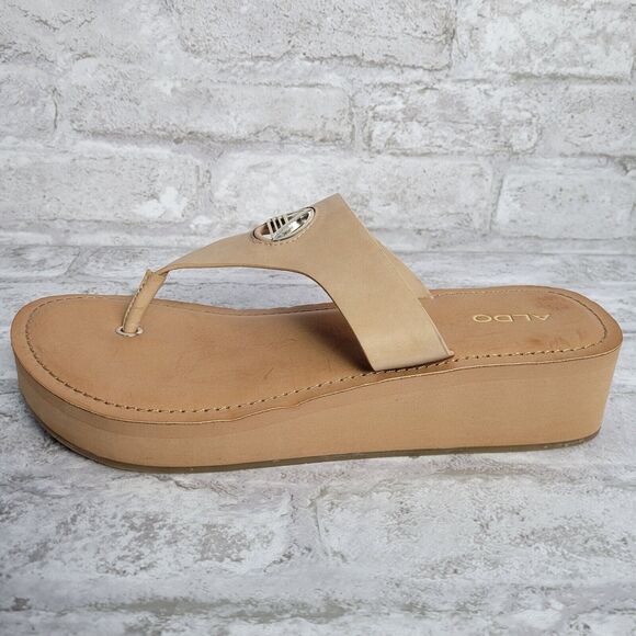 Aldo Women's Brown Leather Thong Wedge Flip Flop Sandals SZ 9 - Picture 2 of 11